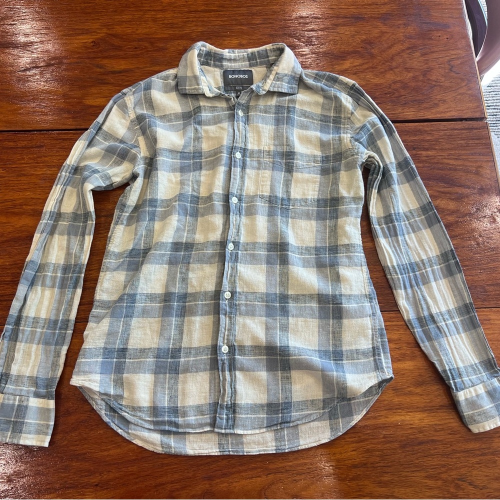 Bonobos Light Blue and Cream Plaid Casual Button-Down Shirt
